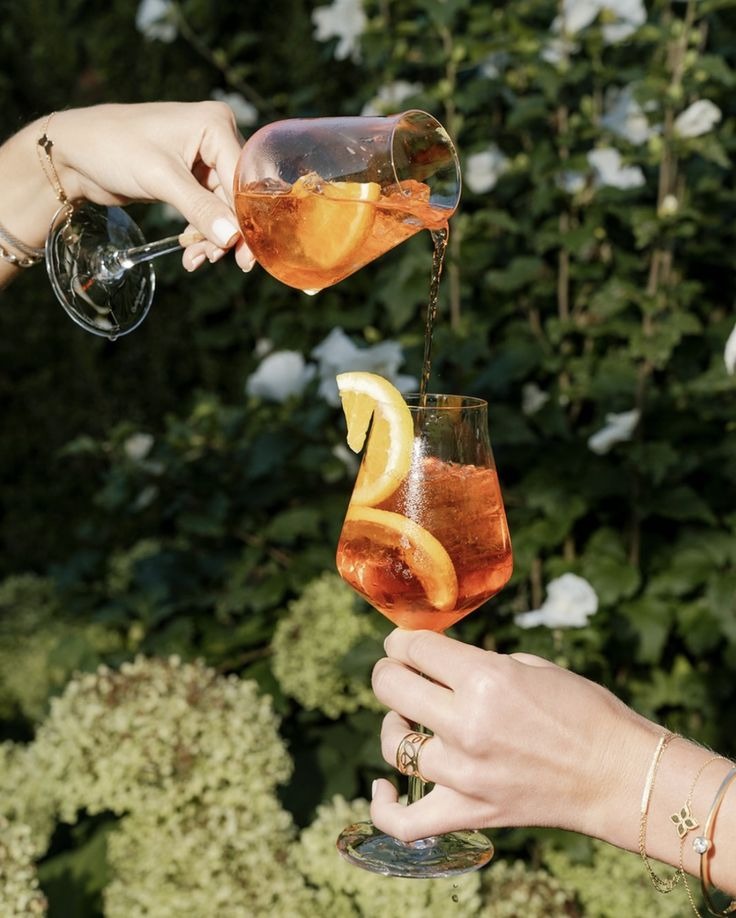 Aperitivo poured into glasses with orange slices, in a summer garden