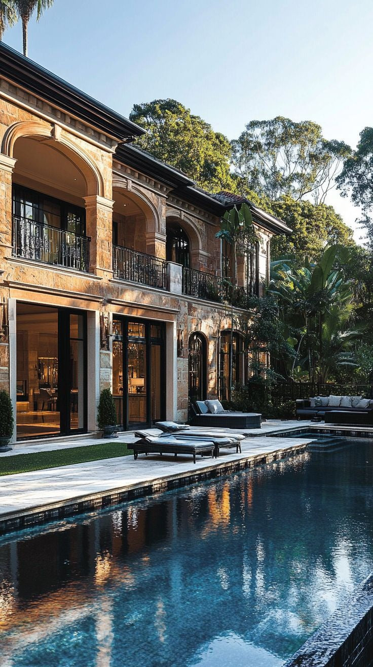 An arched villa beside a still swimming pool among palms